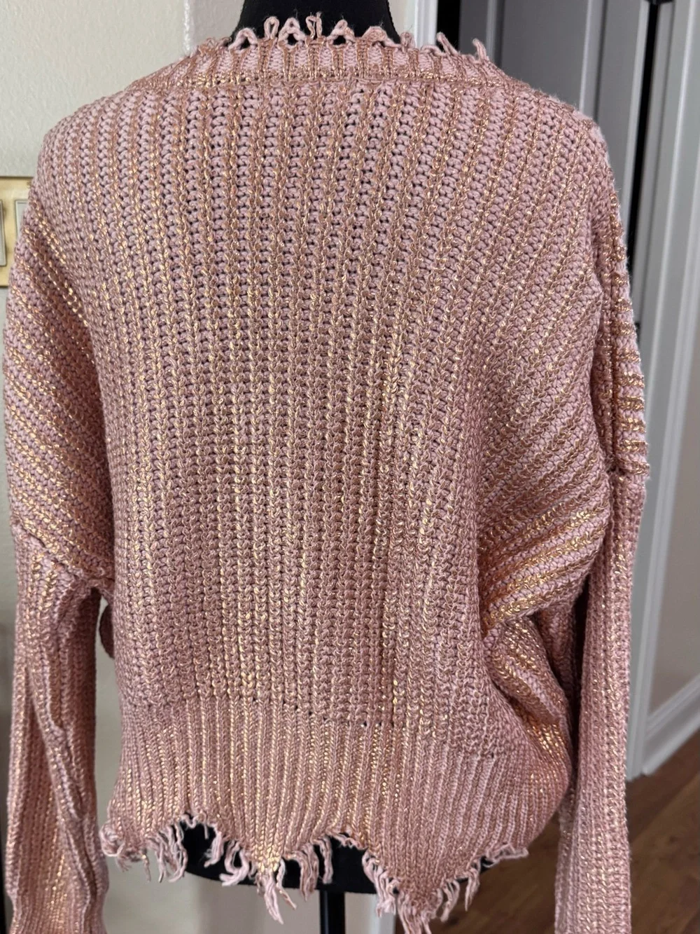 Elan Rose Pink Metallic Distressed Sweater